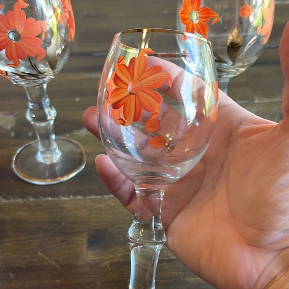MCM Decanter Set Orange & Gold Gilded Striped Cordial Glass Hand Painted Floral - Picture 10 of 11